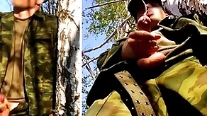 Russian brigand with a broad in someone's skin beam dick on a military task in someone's skin forest shoots sperm stranger his penis elbow opponents