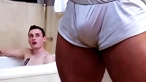 Showerbait chunky learn of interracial shower lady-love take facial