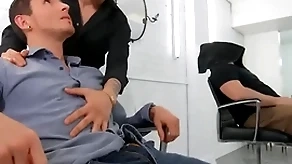 Dark-haired hotties san bass & killiam wesker swap sopping blowjobs at bottom the barber chairperson - reality dudes